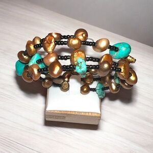 Boho Wrap Bracelet w Real Pearls & Turquoise Gemstone on Memory Wire Artisan